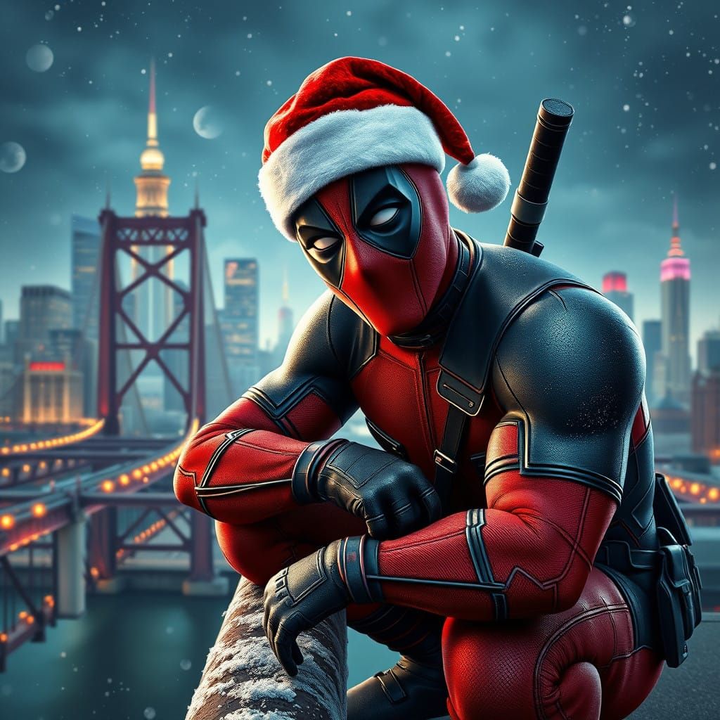 Surreal Deadpool in Santa Hat Over City Bridge