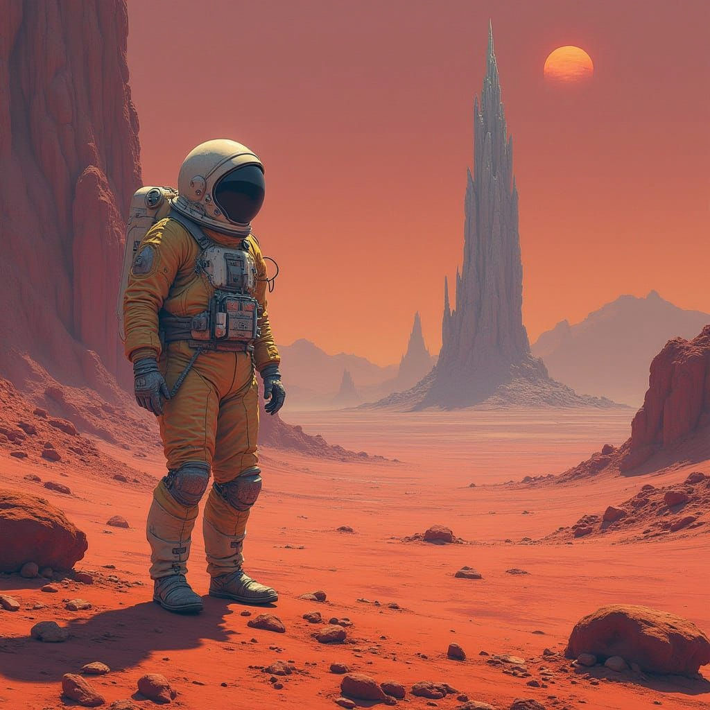 Astronaut on Crimson Planet with Crystal Structure