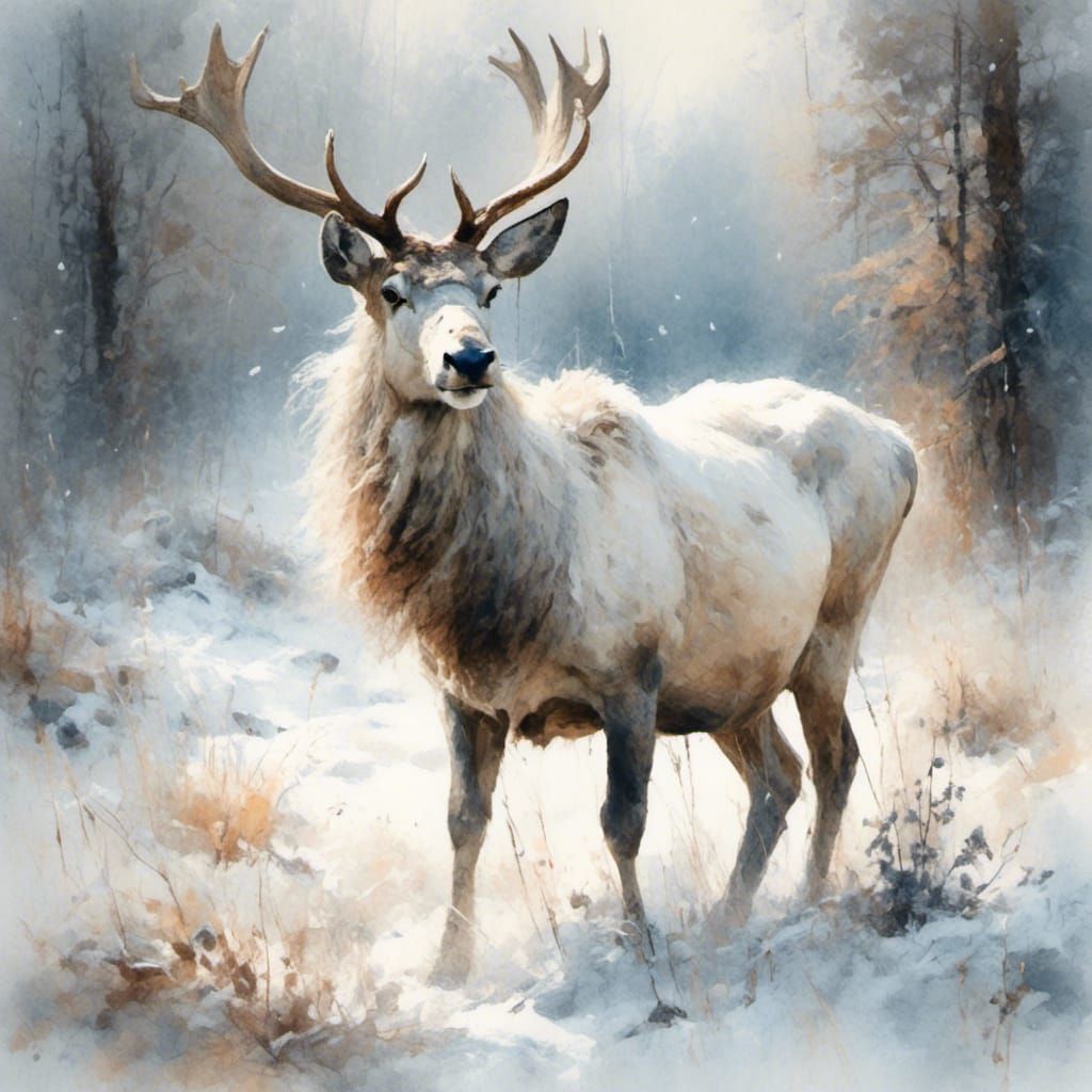 White Reindeer Portrait in Nordic Watercolor Style