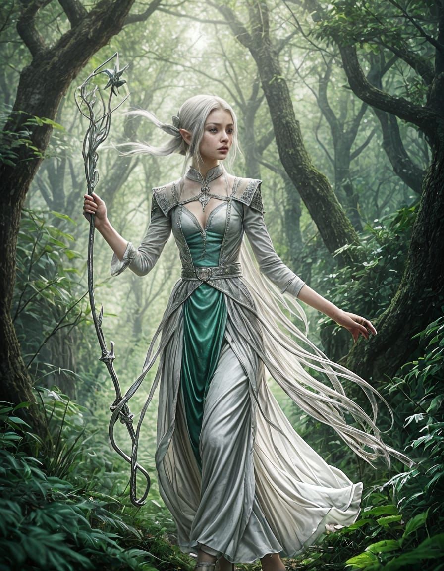 Silver Haired Elf Roaming in Sacred Forest