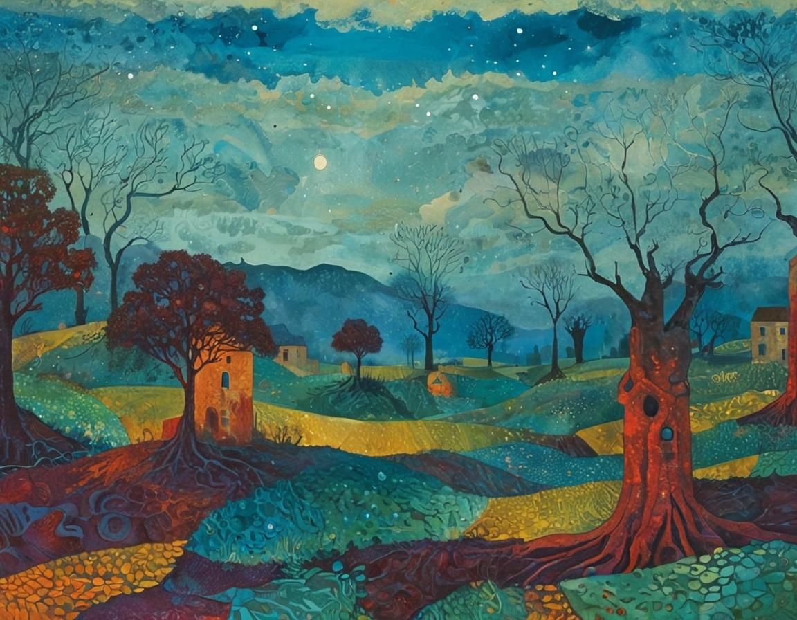 Mystical Valley Landscape in Abstract Expressionist Style