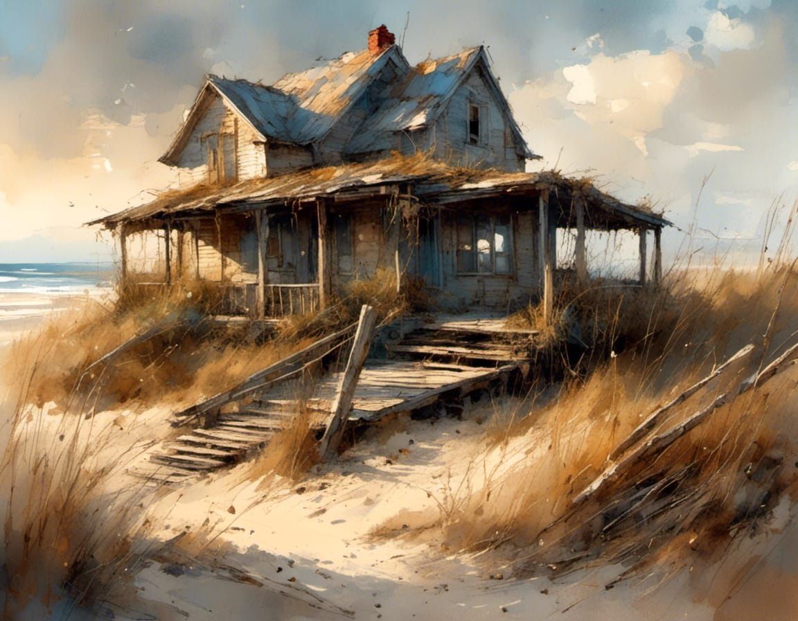 Weathered Beach House on Windswept Dune in Charcoal Style