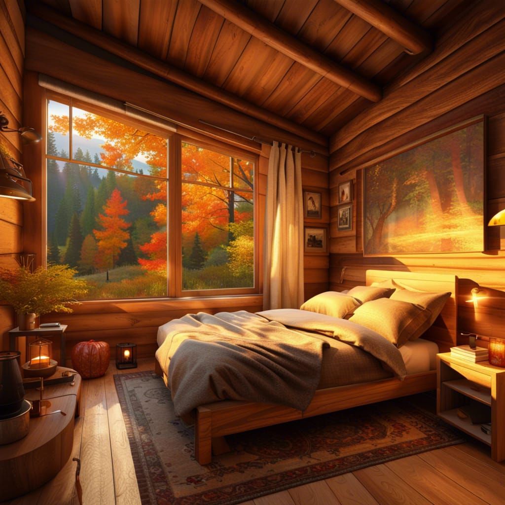 Cozy Cabin Bedroom at Sunset
