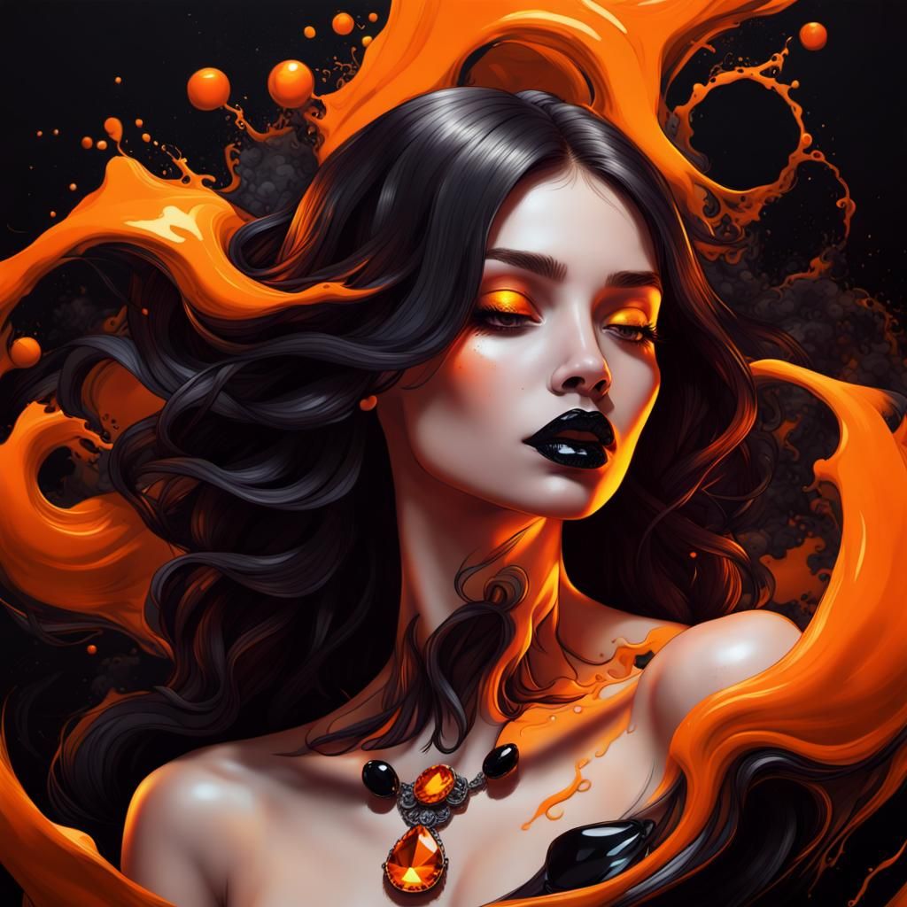 Black and Orange Gemstone Portrait in Digital Art