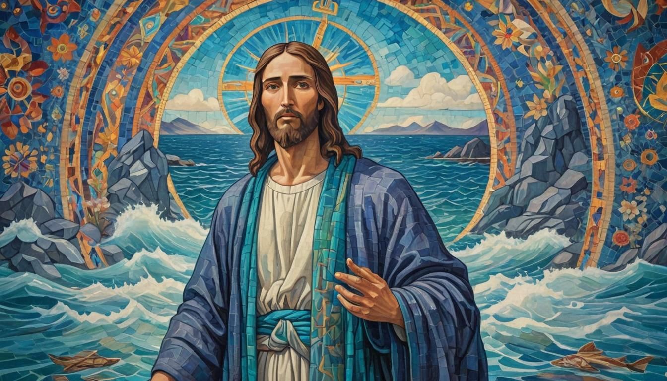 Jesus in Vibrant Mosaic Water Scene