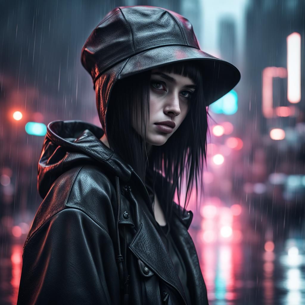 Sad Goth Girl in Rainy Cyberpunk City