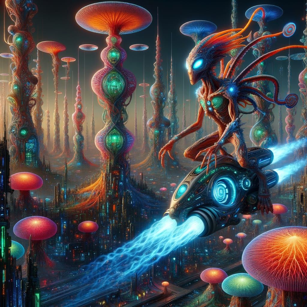 Alien Wemic Rides Cybernetic Surfboard Over Futuristic Metro...