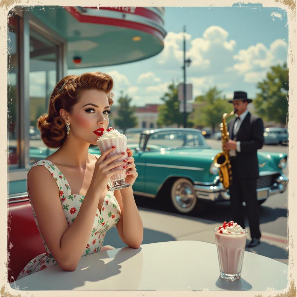 Retro Diner Scene with Cadillac, in Film Still Style