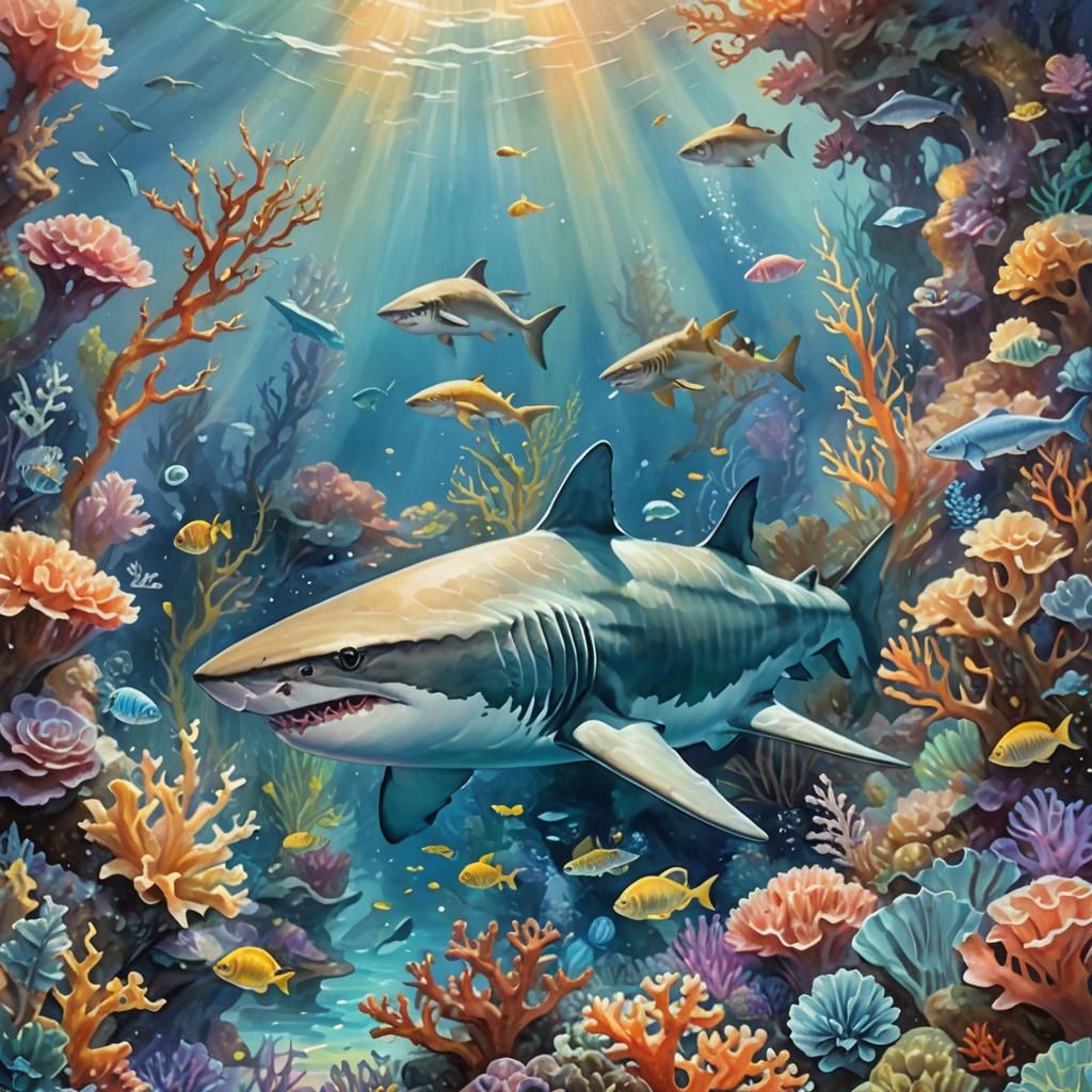 Shark Feeding in Coral Reef: Gouache Fantasy Art