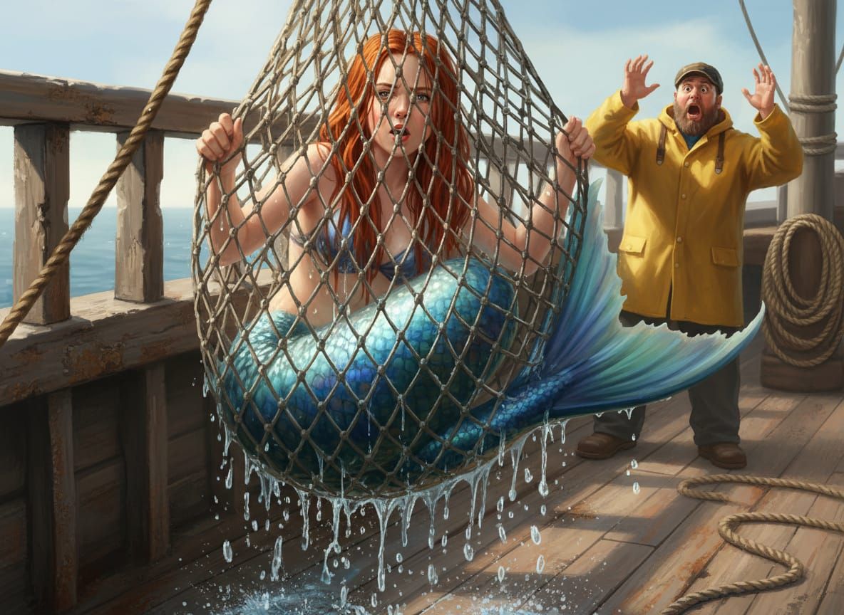 Mermaid Caught in Net Aboard Ship
