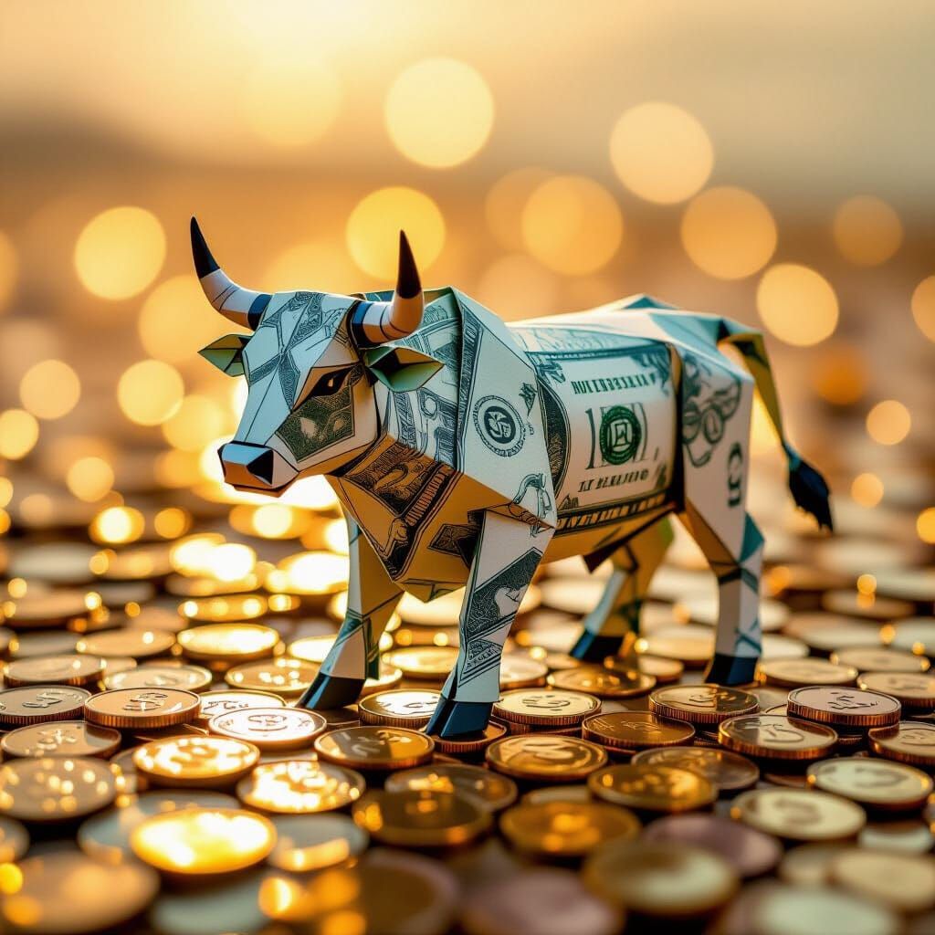 Origami Dollar Bull on Penny Landscape