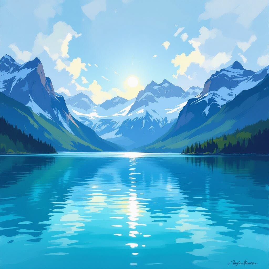 Serene Turquoise Lake with Snow-Capped Mountains