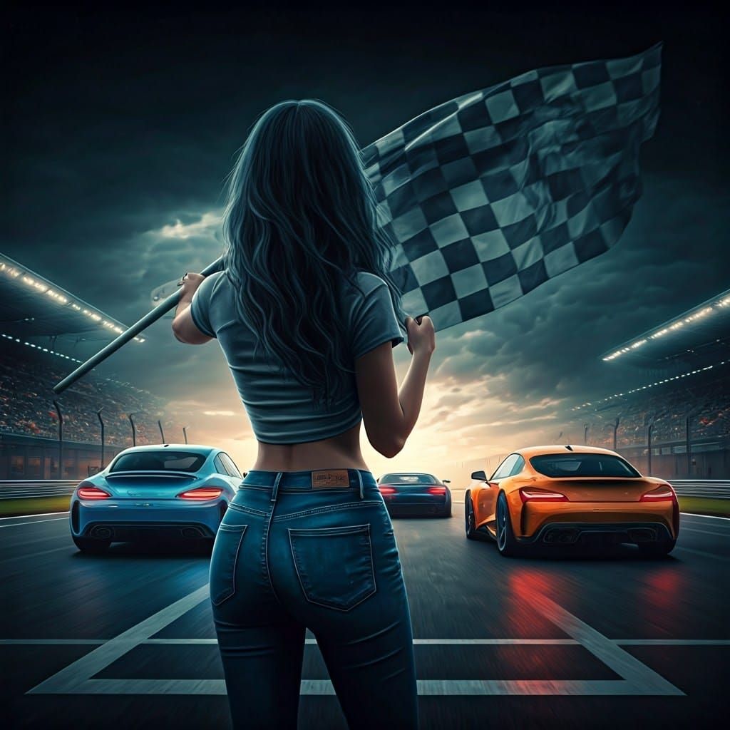 Woman with Racing Flag in Watercolor Painting