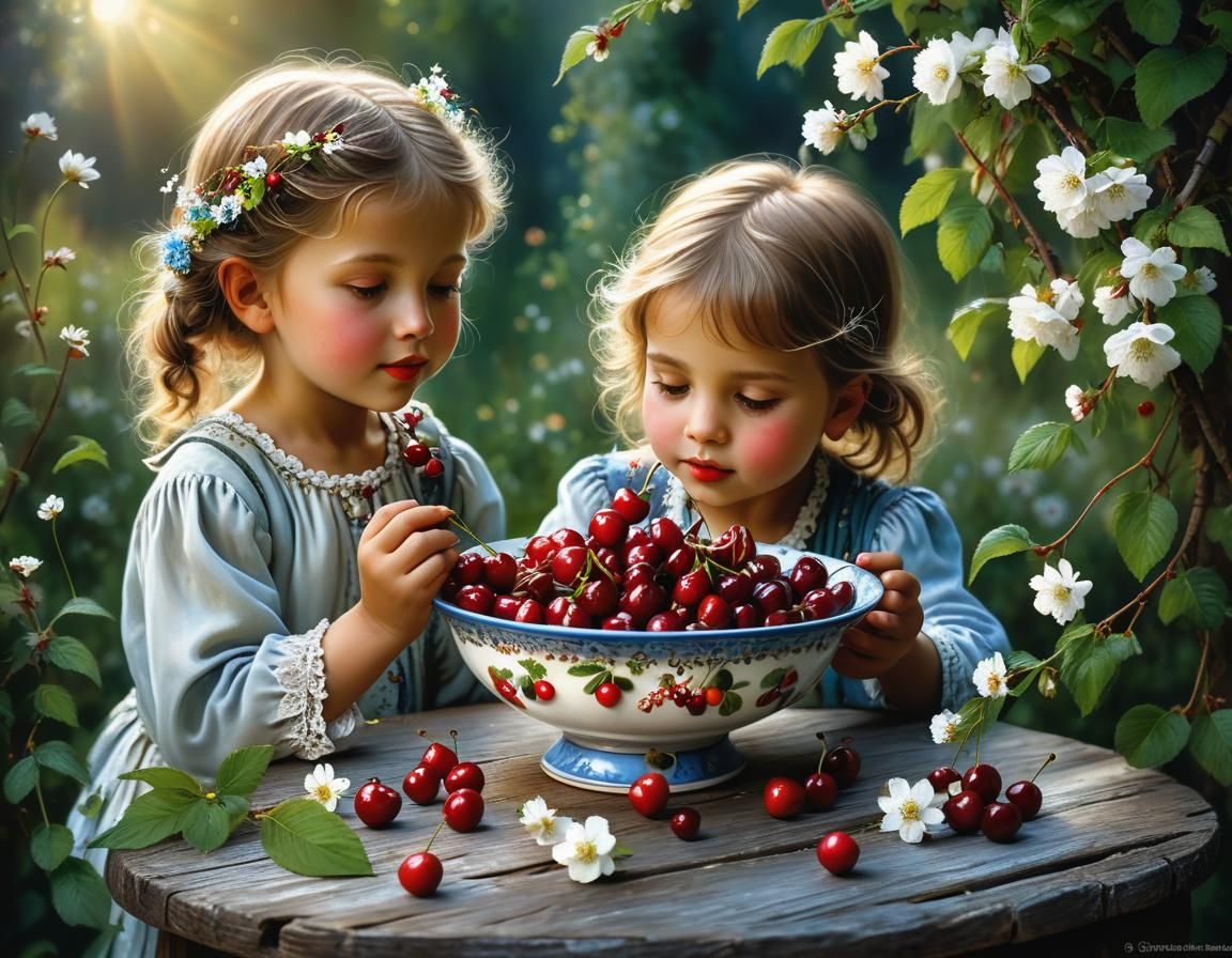 Children Enjoying Cherries: Romantic Fine Art