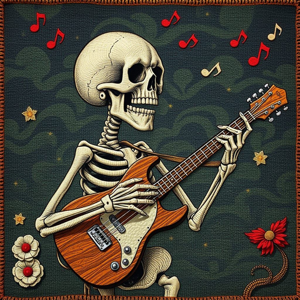 Surreal Skeleton Plays Guitar in Woven Tapestry
