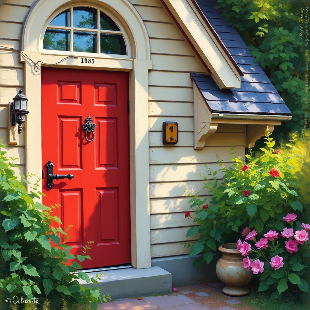 Impressionistic Red Door Surrounded by Greenery