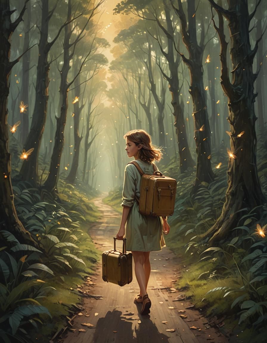 Girl's Journey Through Mystical Forest: Impressionist Oil Pa...