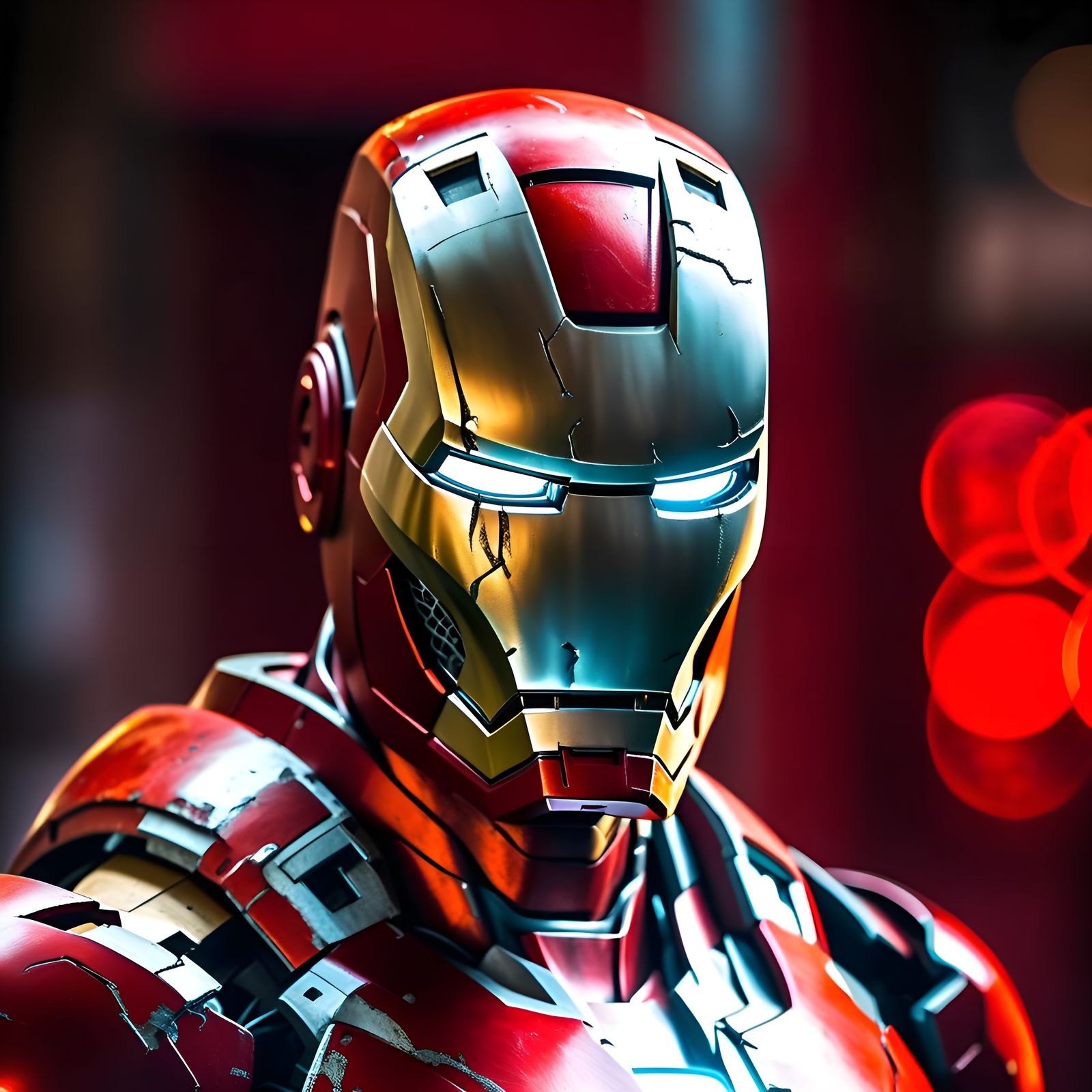 Ironman , close up portrait, crack open mask, Red and sivler patina look : 1.2> , glowing red Neon backdrop lighting , b...