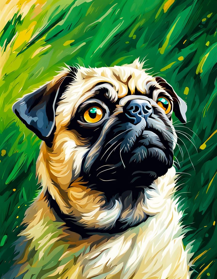 A Pug's Endearing Green Eyes Shine in a Warm Oil Painting