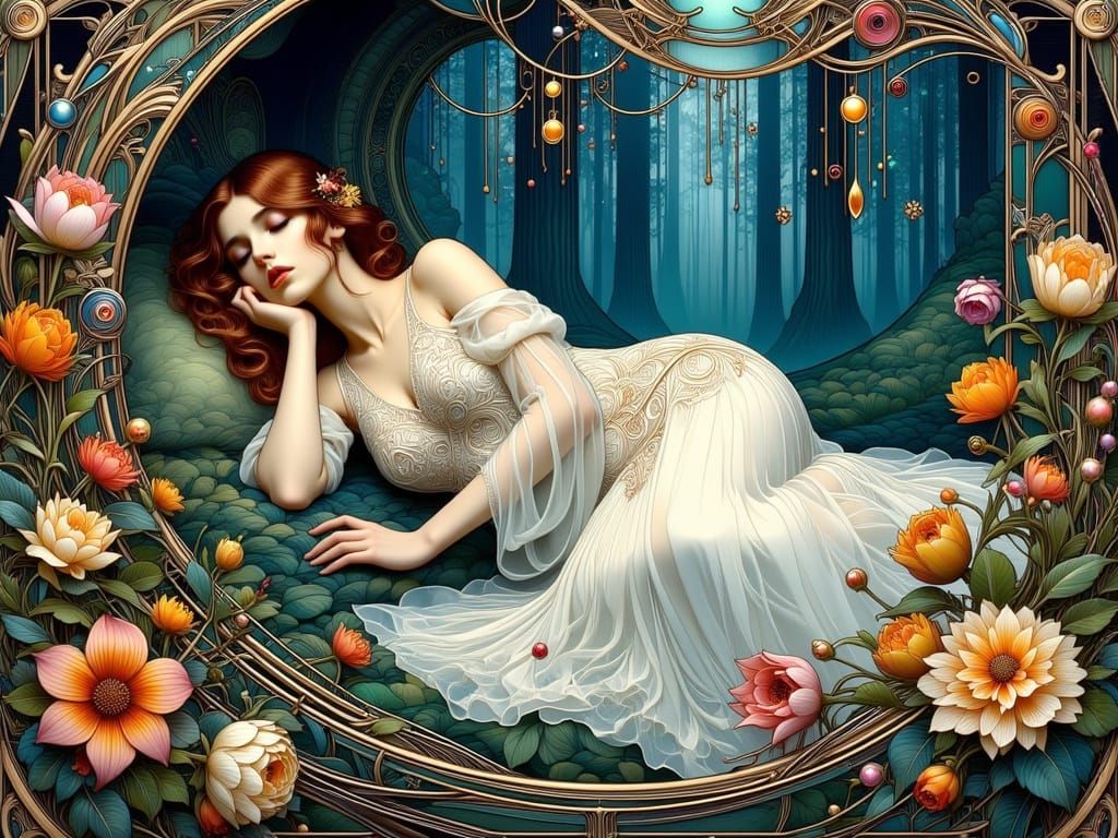 Art Nouveau Masterpiece: Woman in White Lace in Forest