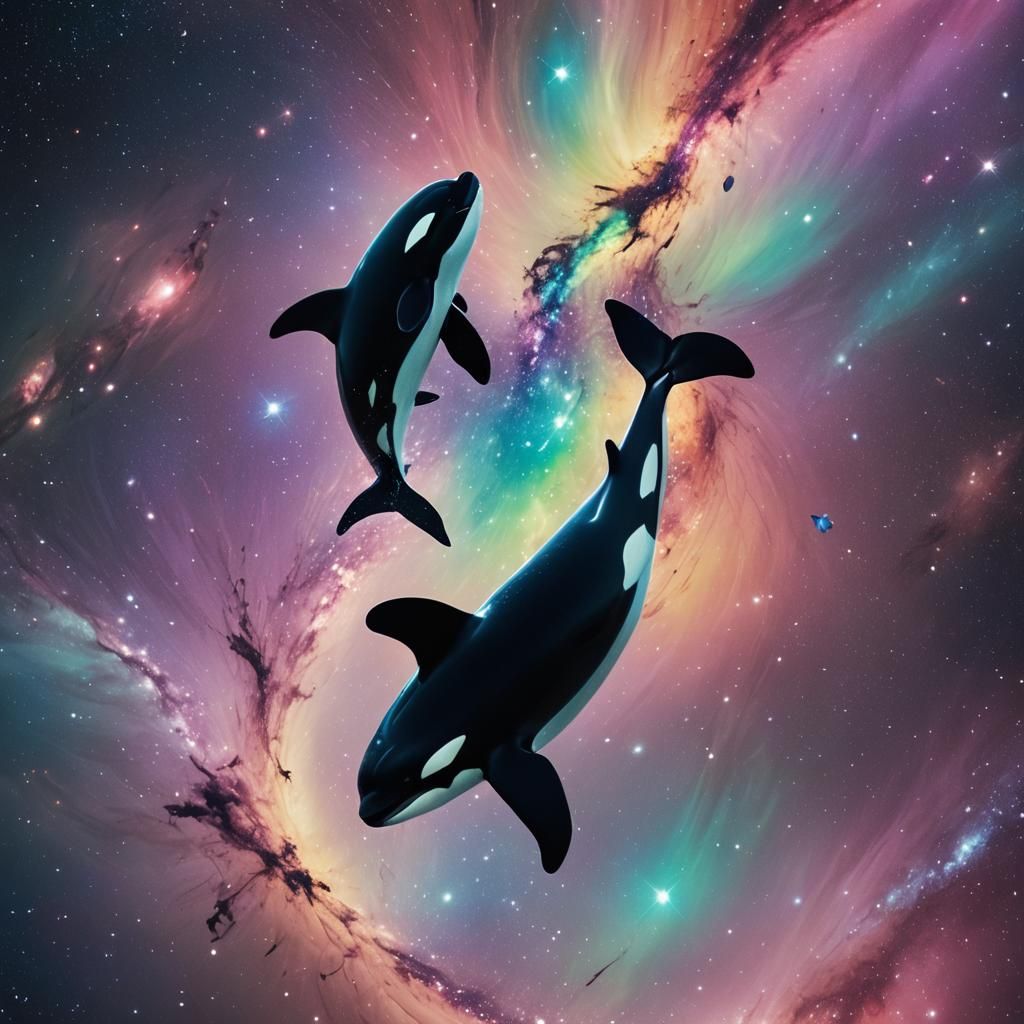 Orcas Dancing in the Galaxies: Cinematic Film Still
