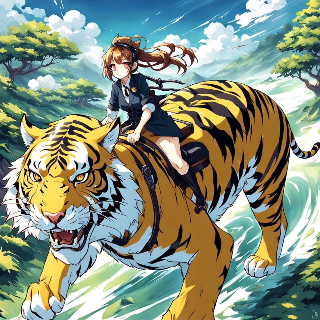 Anime Girl Riding Tiger in Manga Style