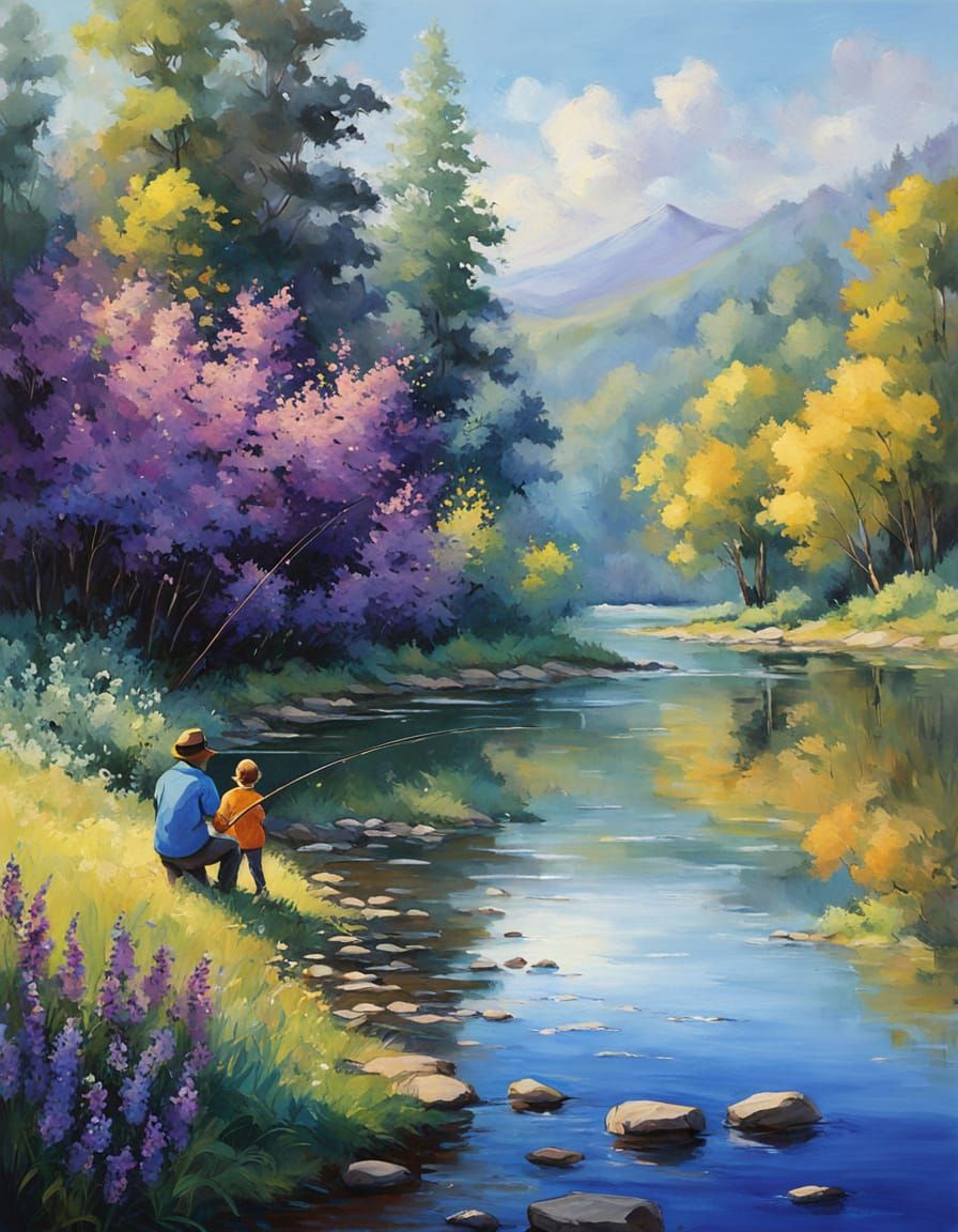 Idyllic Lakeside Scene as Impressionist Painting