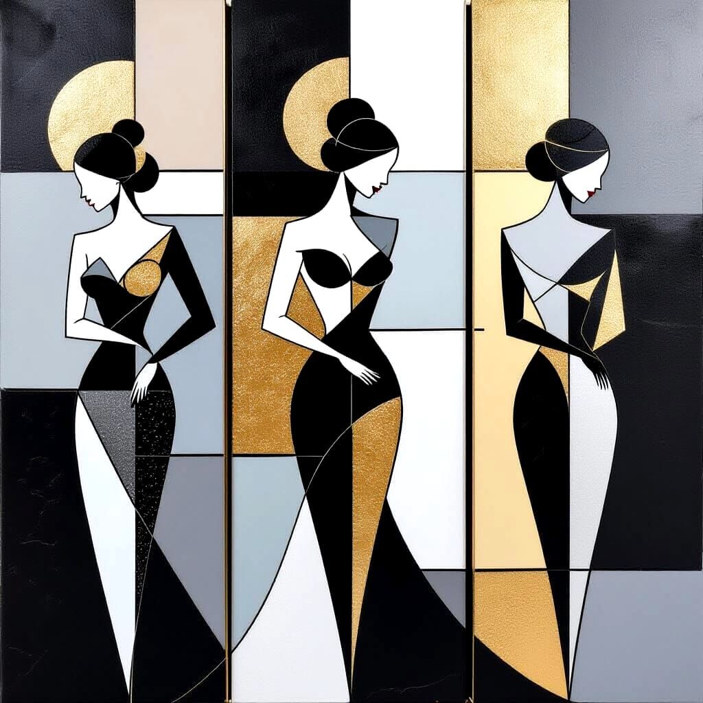 Elegant Abstract Triptych: Sad Woman in Monochrome & Gold