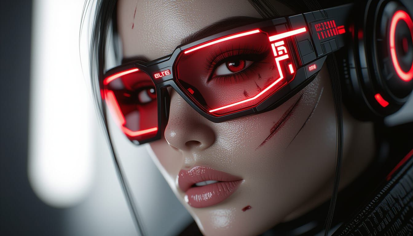 Cyberpunk Face with Red Neon Glasses - Ultra Detailed Macro
