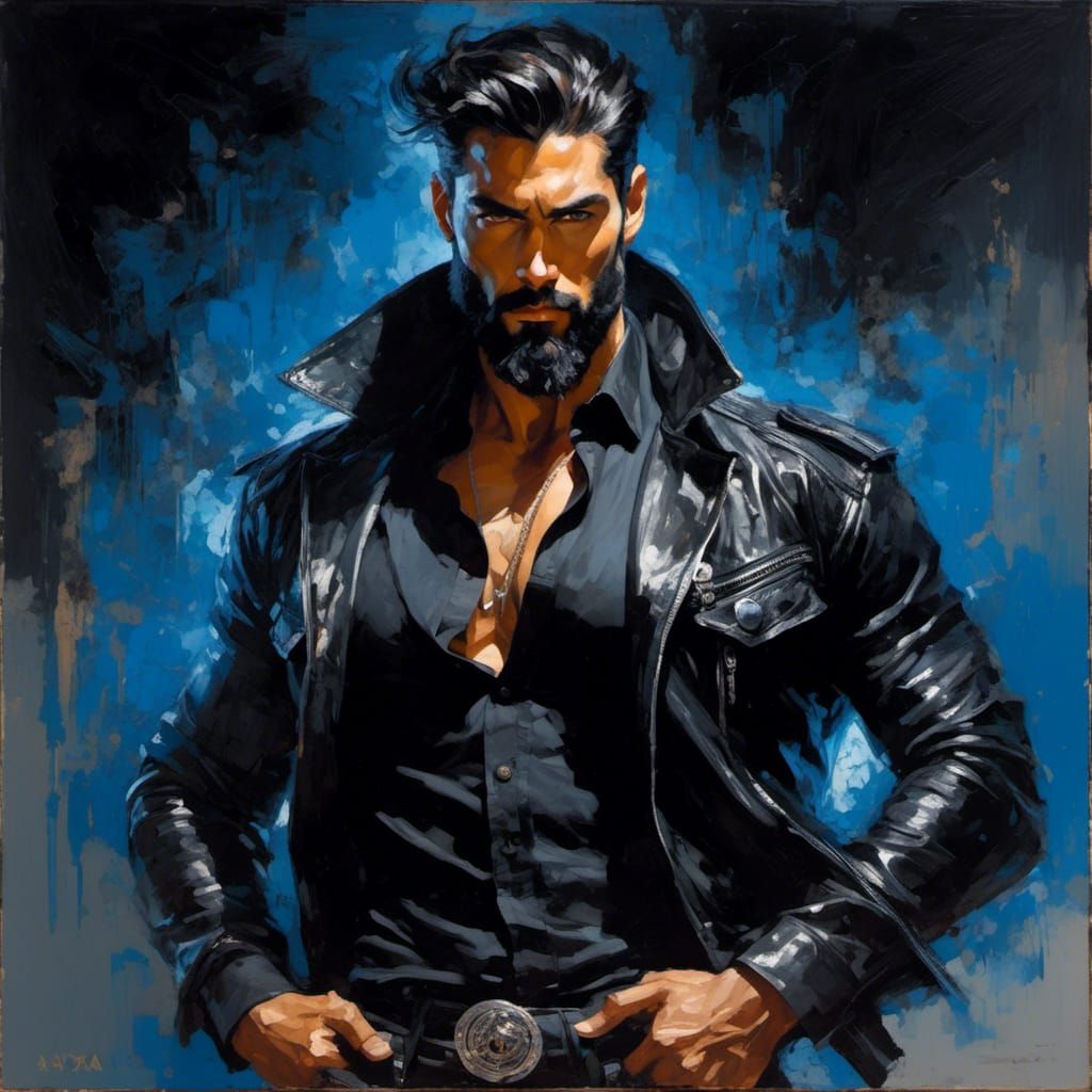 Gothic Oil Painting of Handsome Man in Warrior Pose