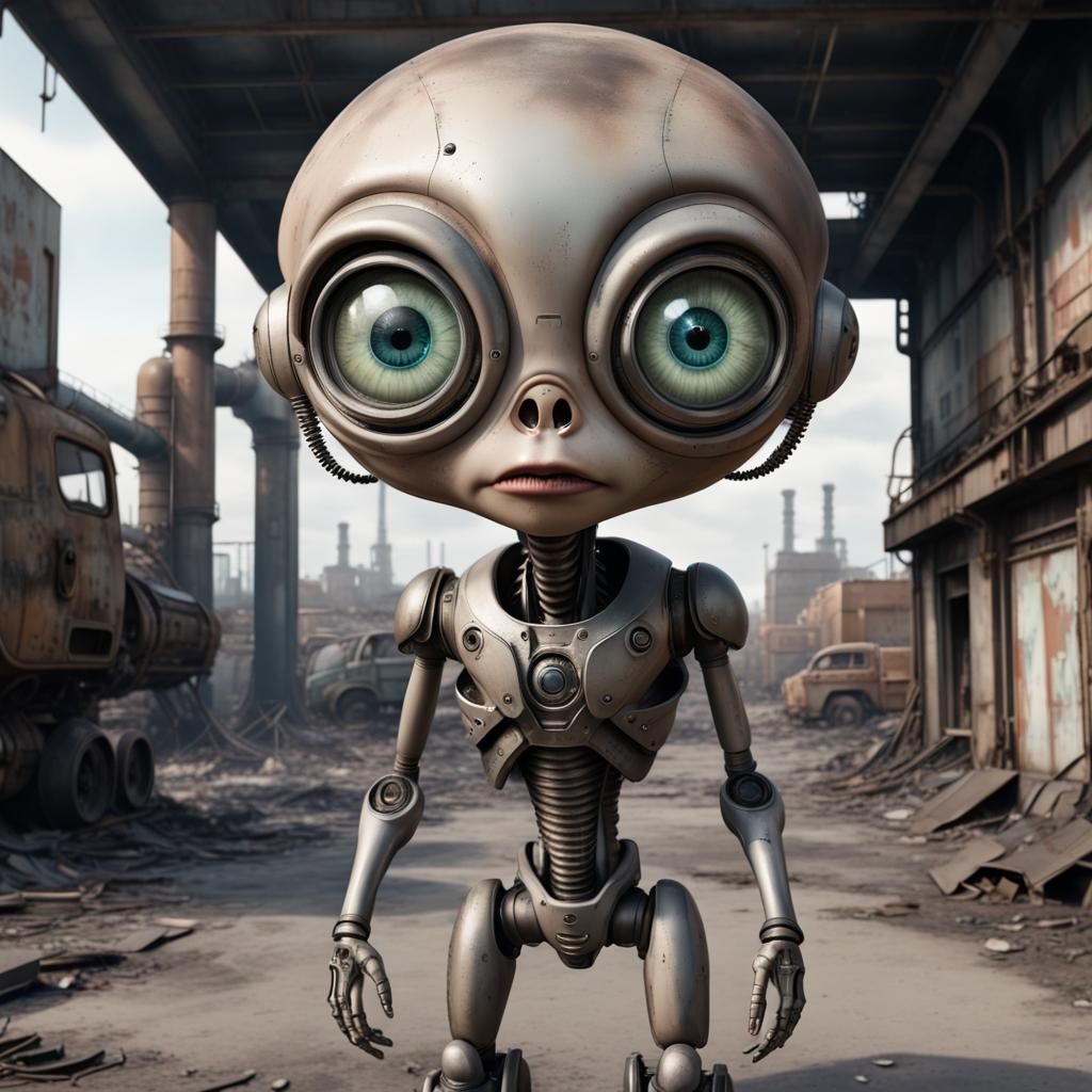 Cartoon Robot Alien in Dystopian Wasteland
