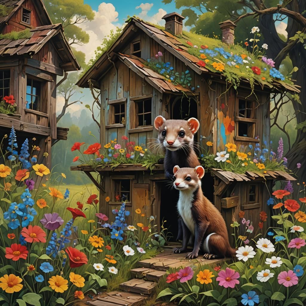 Charming Weasel and Shack in Vivid Art Style