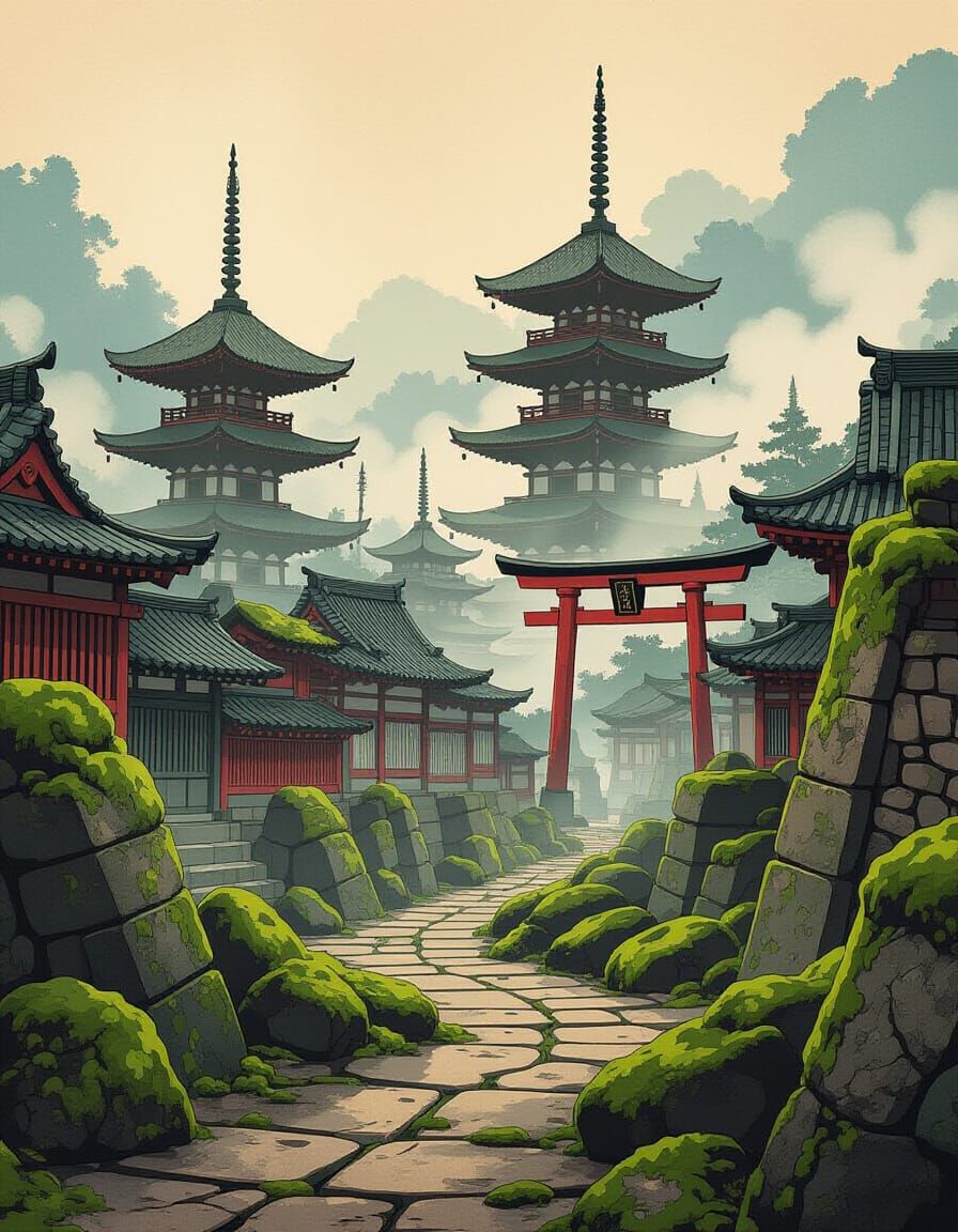 Mythical Japanese City Ruins in Ukiyo-e Style
