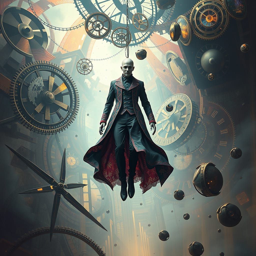 Timeless Figure in Clockwork Dreamscape