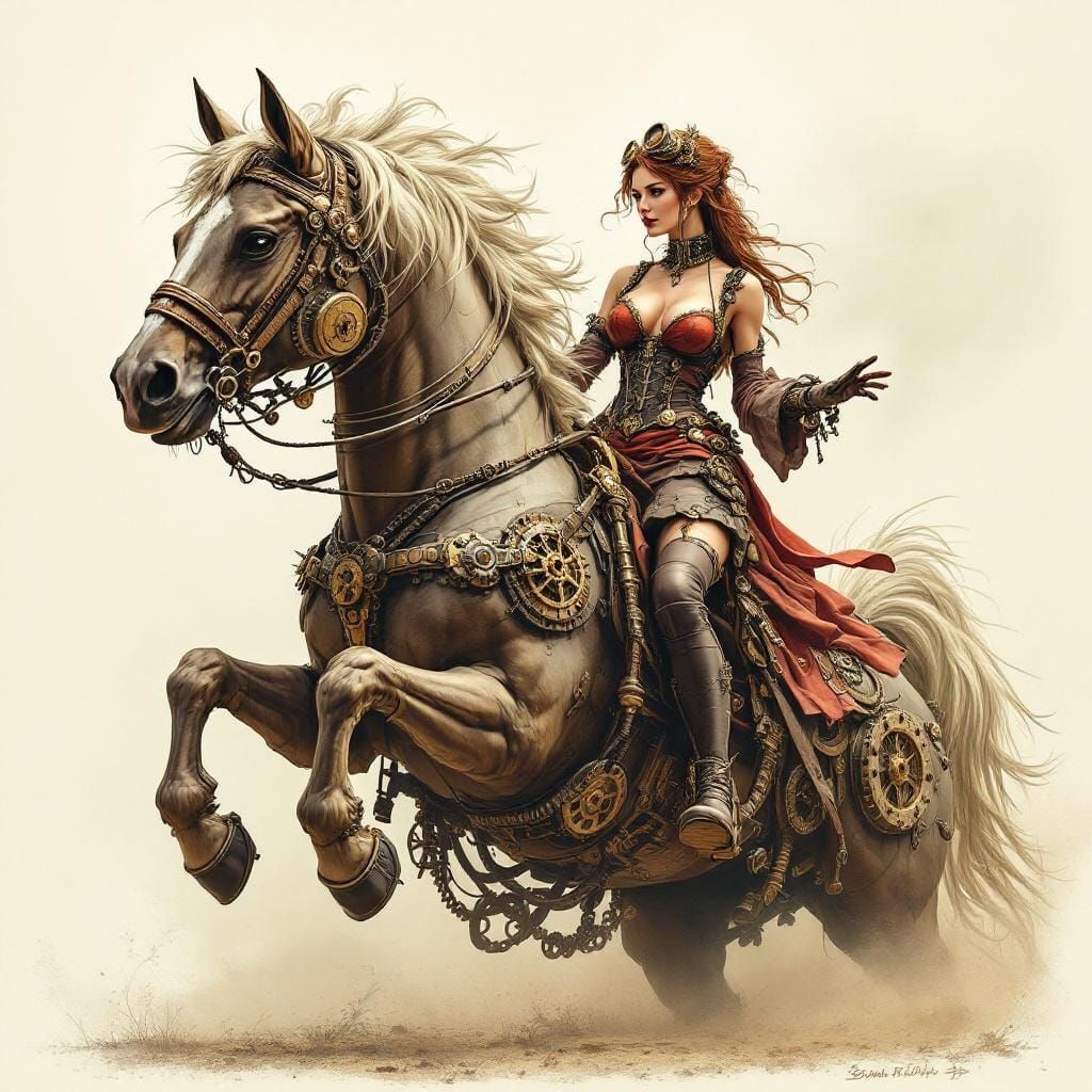 Steampunk Horse Rider in Detailed Mechanical Style