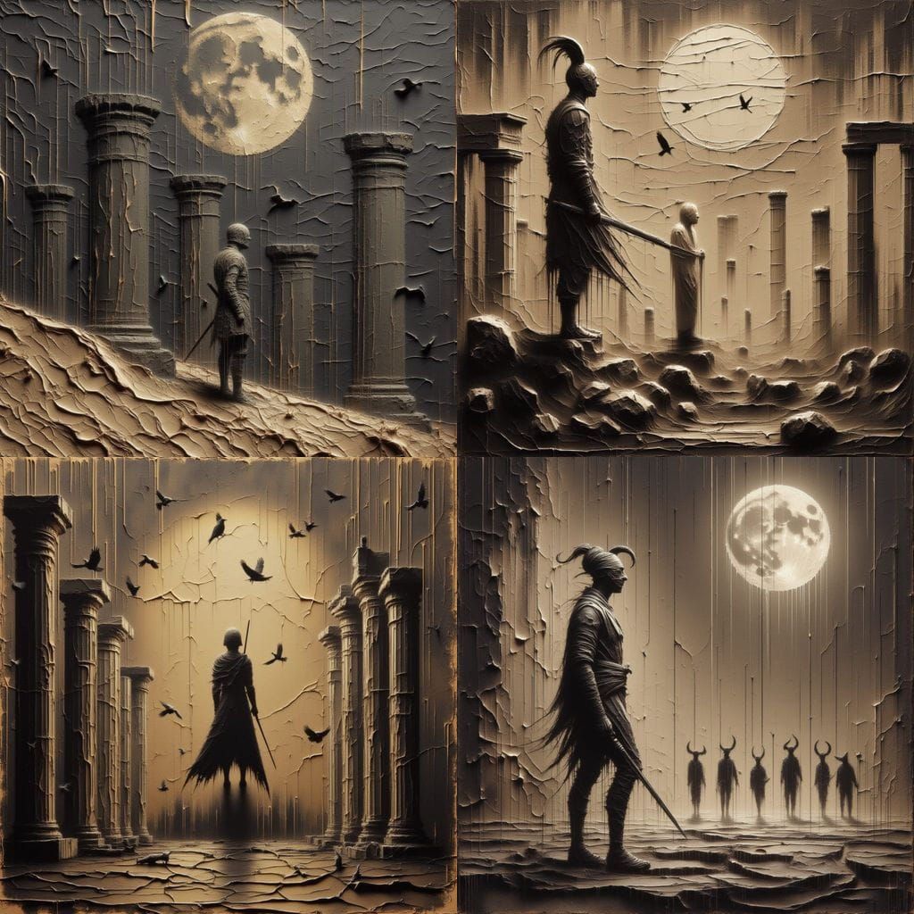 Bronze Age Warrior Guarding Ancient Greek Ruins at Night