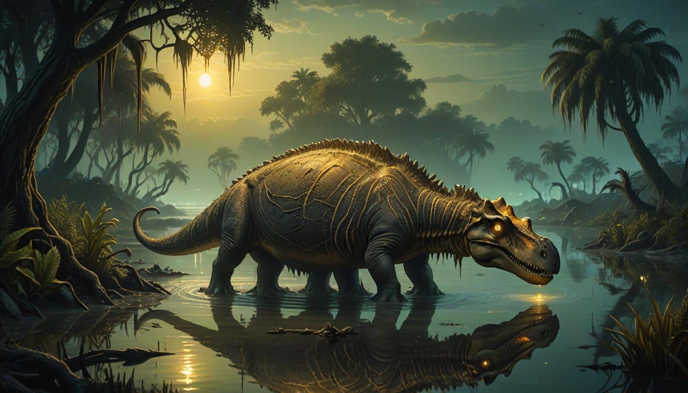 Bioluminescent Mastodonsaurus in Ancient Landscape