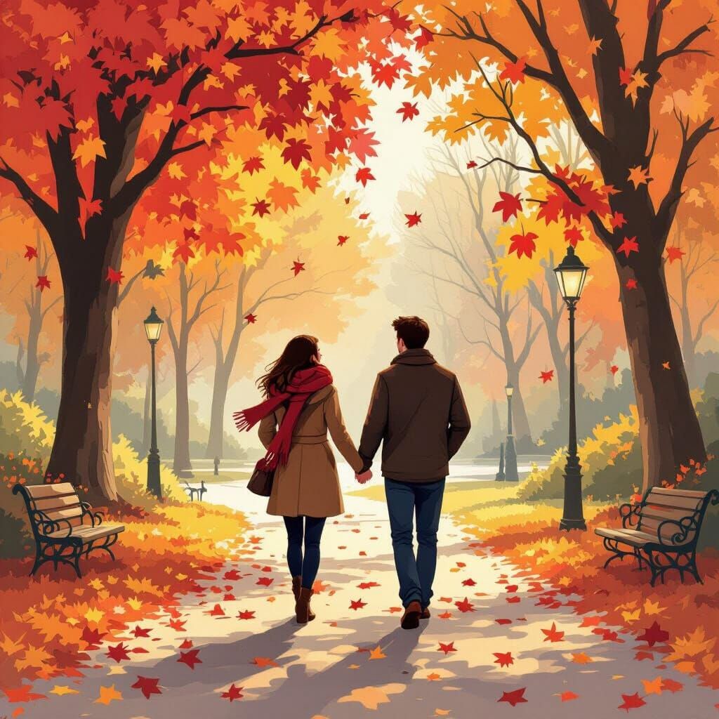 Autumn Stroll: A Romantic Storybook Illustration