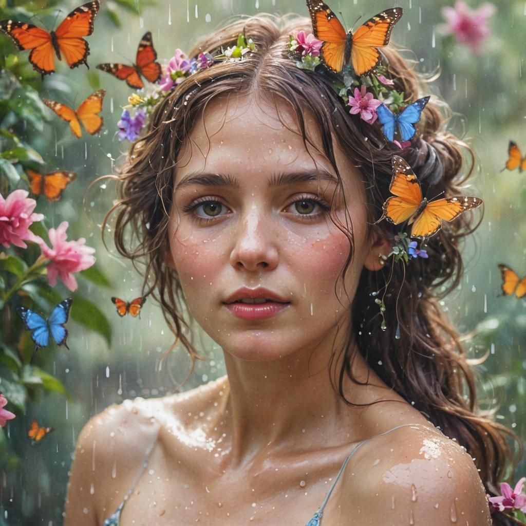 Lady Dancing in Rain, Vibrant Watercolor Art