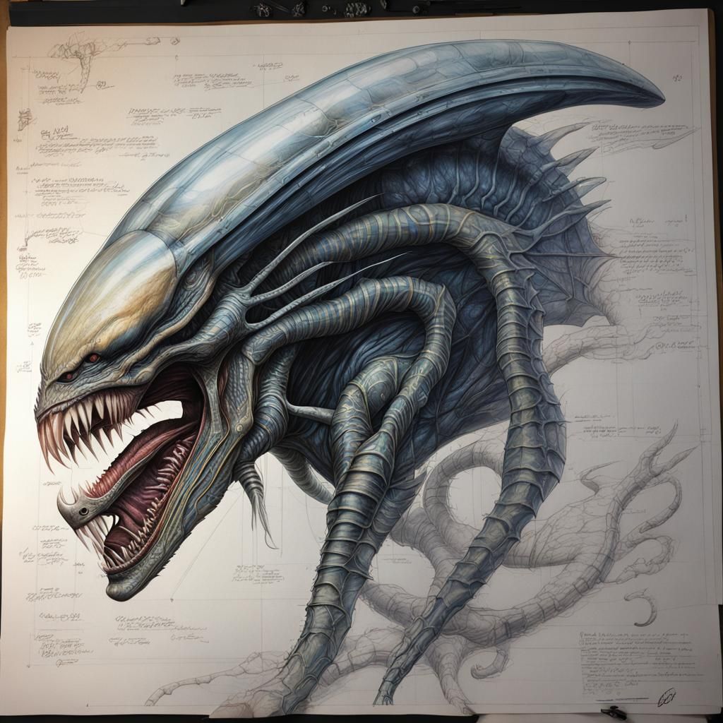 Xenomorph Predator Blueprint in Graphic Novel Style