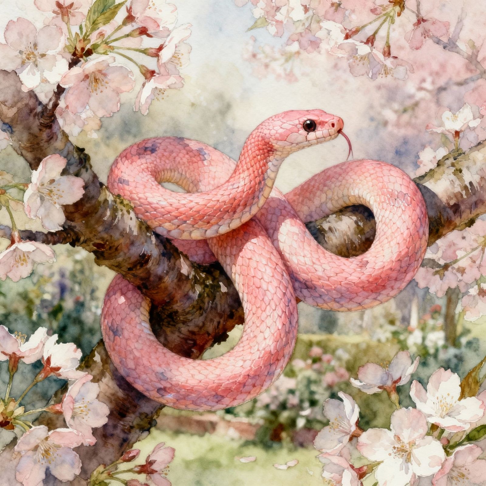 Cherry Blossom Snake in Watercolour Style