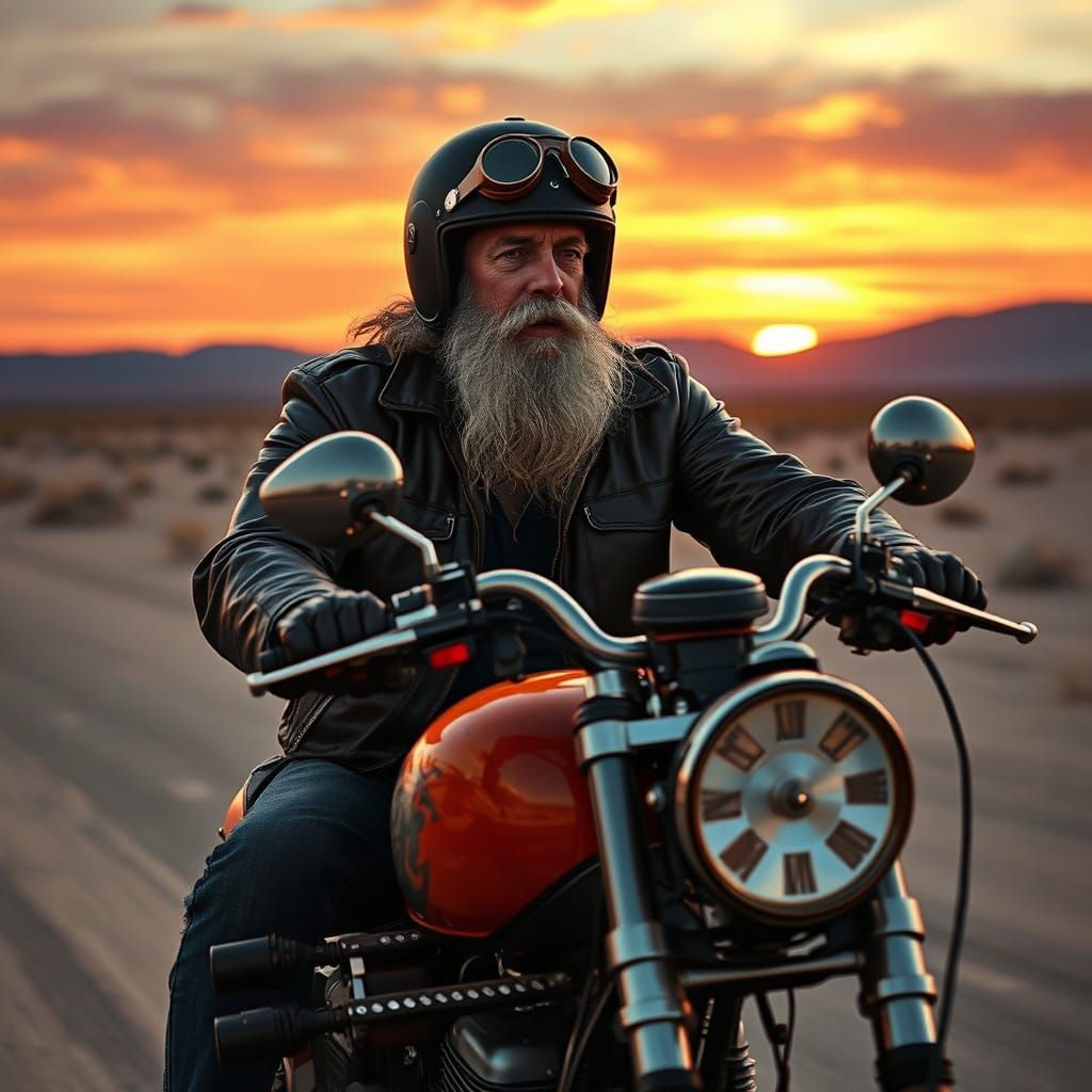 Biker Rides Chopper Through Desert Sunset