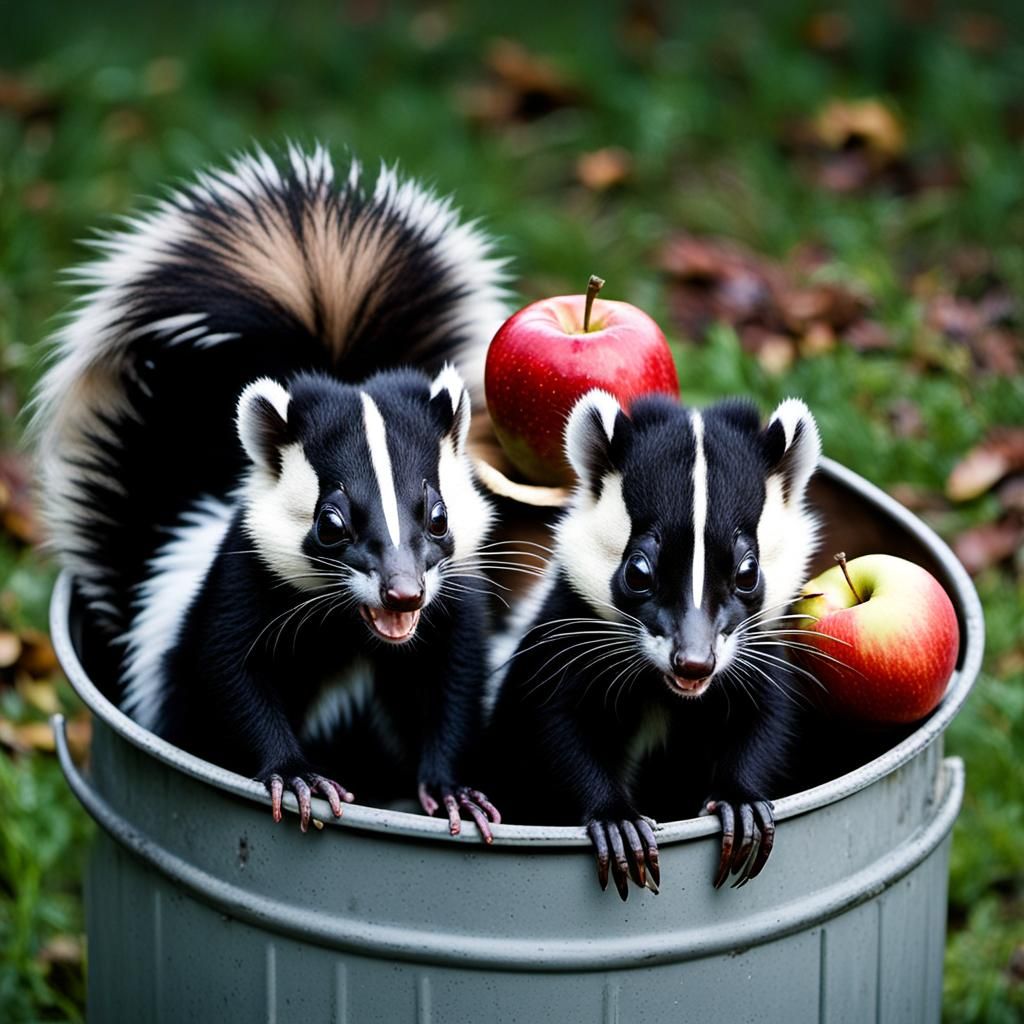 Cartoon Skunks Share Midnight Apple Feast