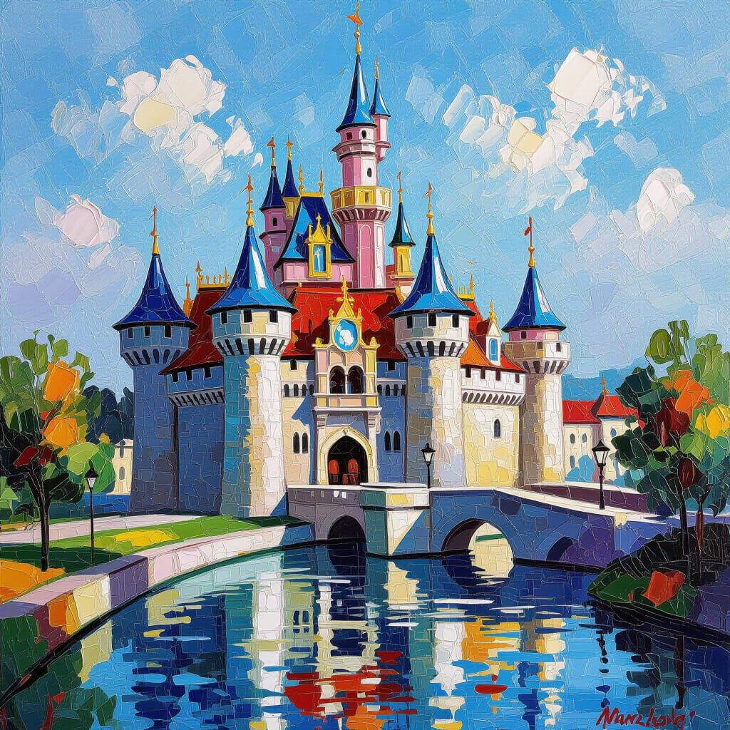 Vibrant Castle Scene in Colorful Neo-Impressionist Style