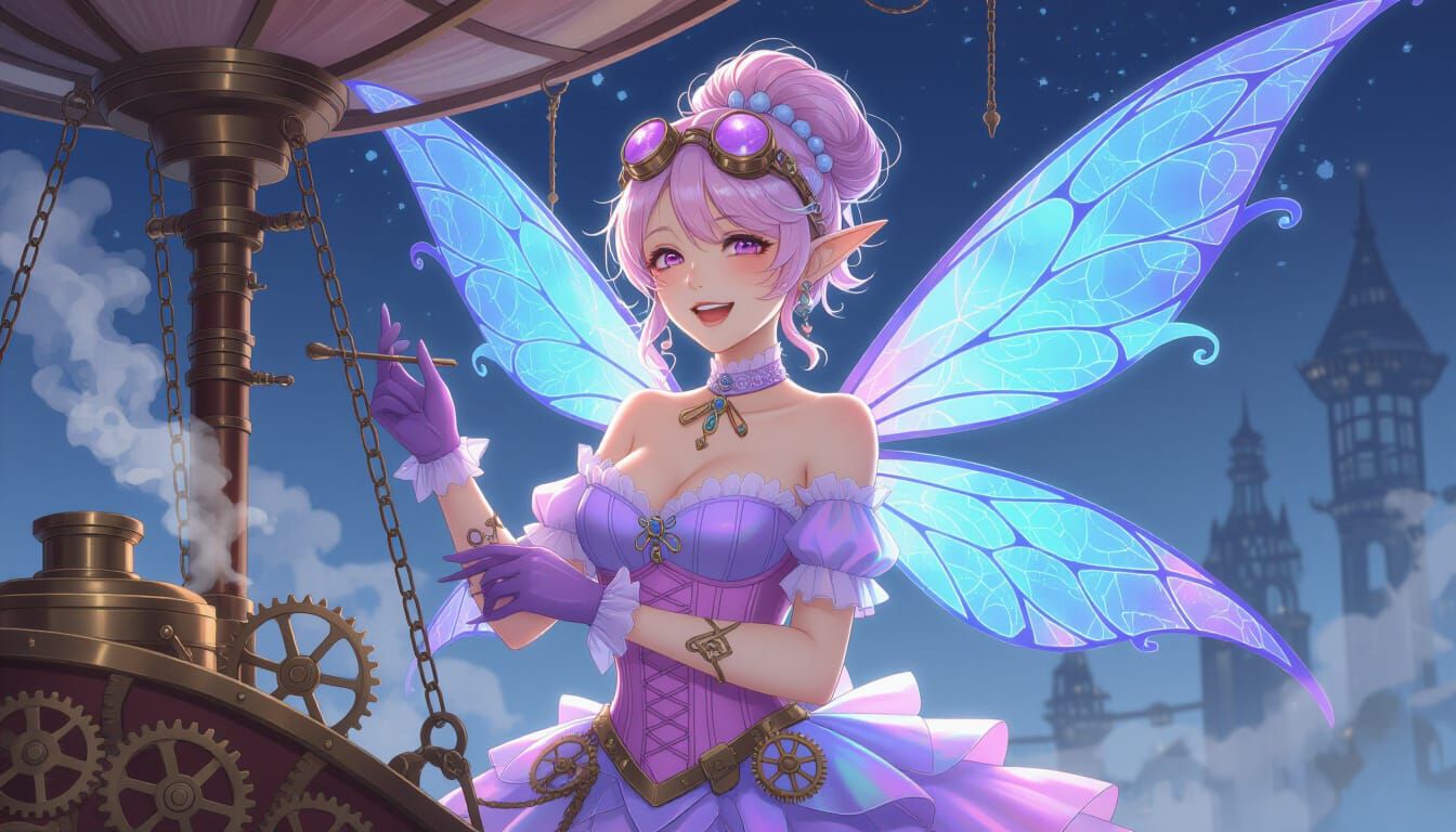 Steampunk Faerie Tinkering with Airship in 3D Anime Style