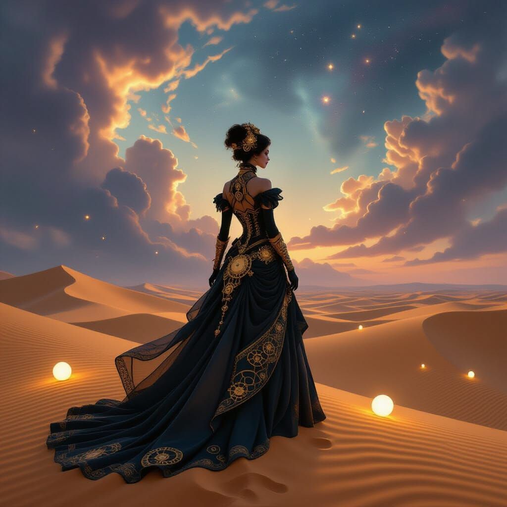 Steampunk Figure Gazes at Nebula Sky Over Desert Dunes