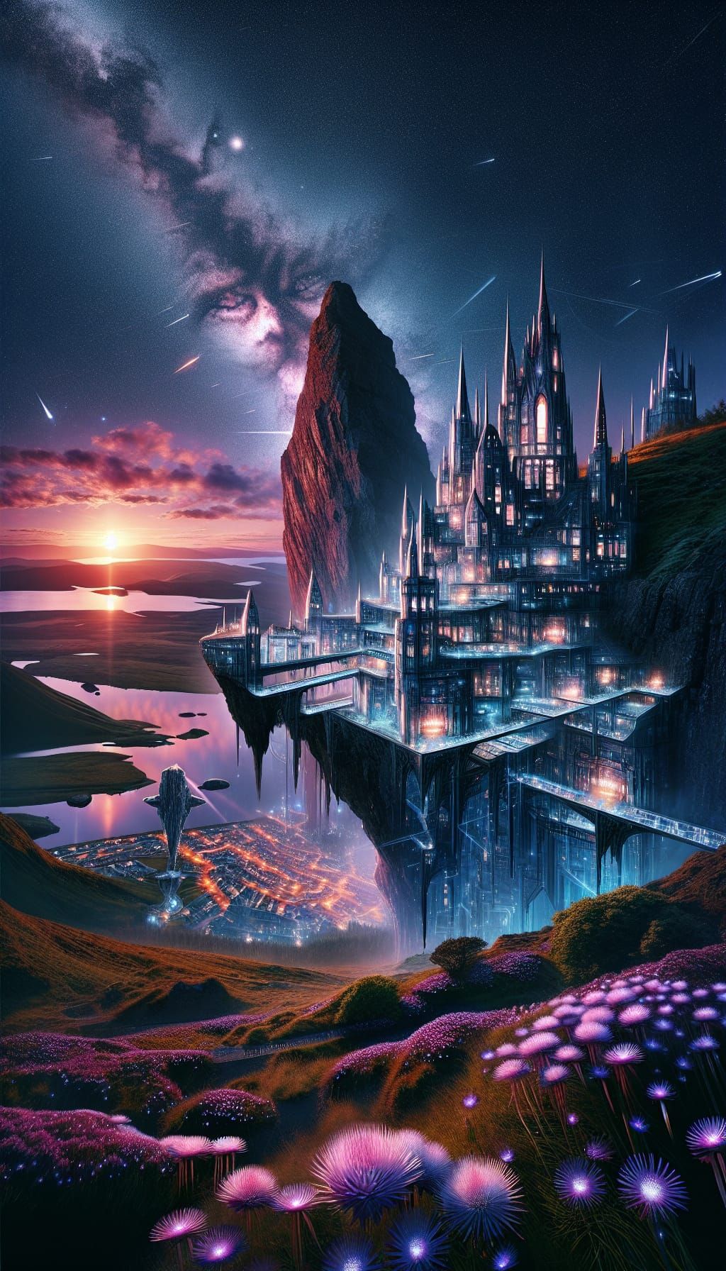 Selenite Castle with Glitched Architecture at Sunset