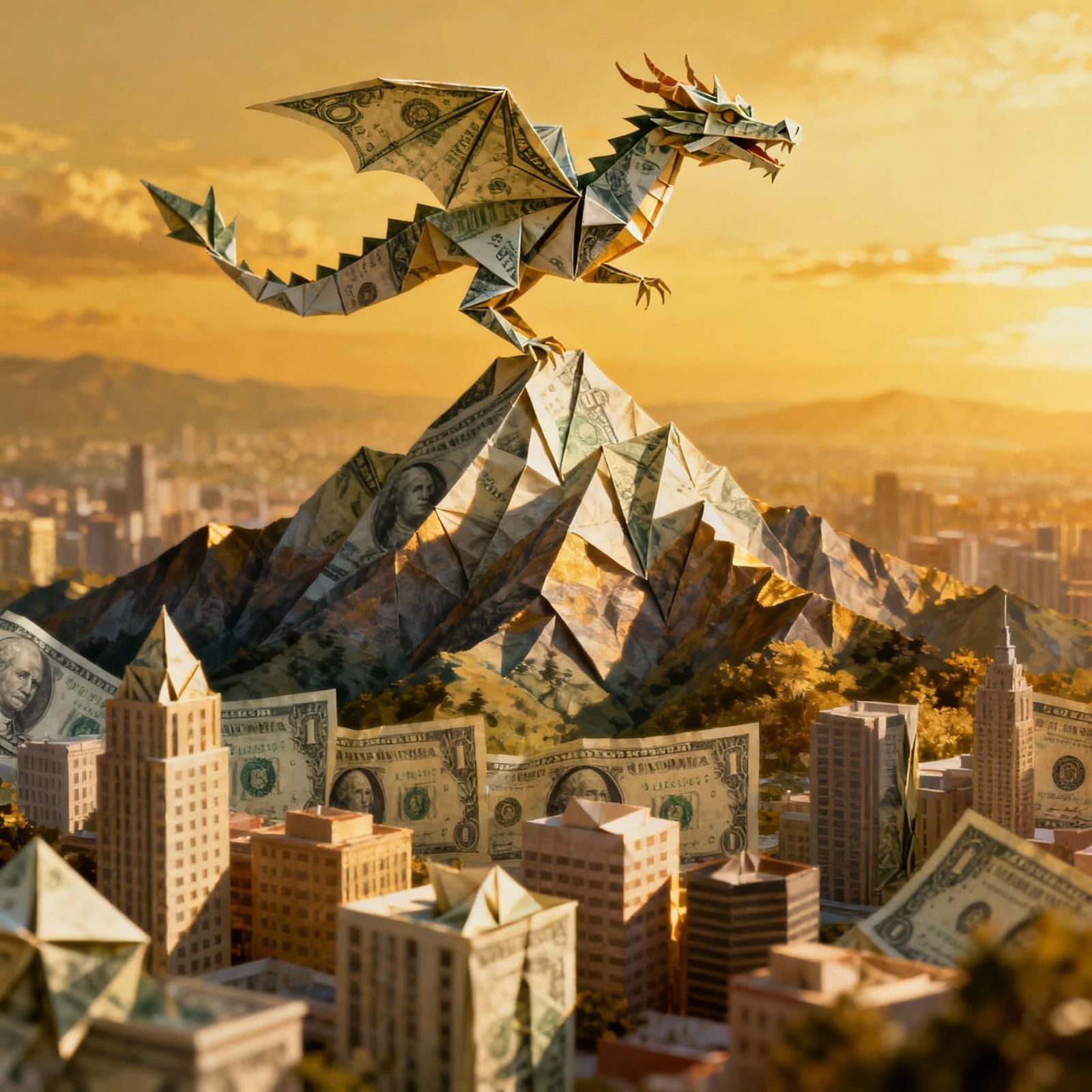 Origami Cityscape & Dragon from Dollar Bills