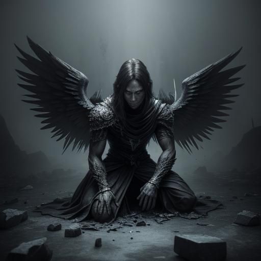 Dark Angel Kneeling in Shattered Ruins