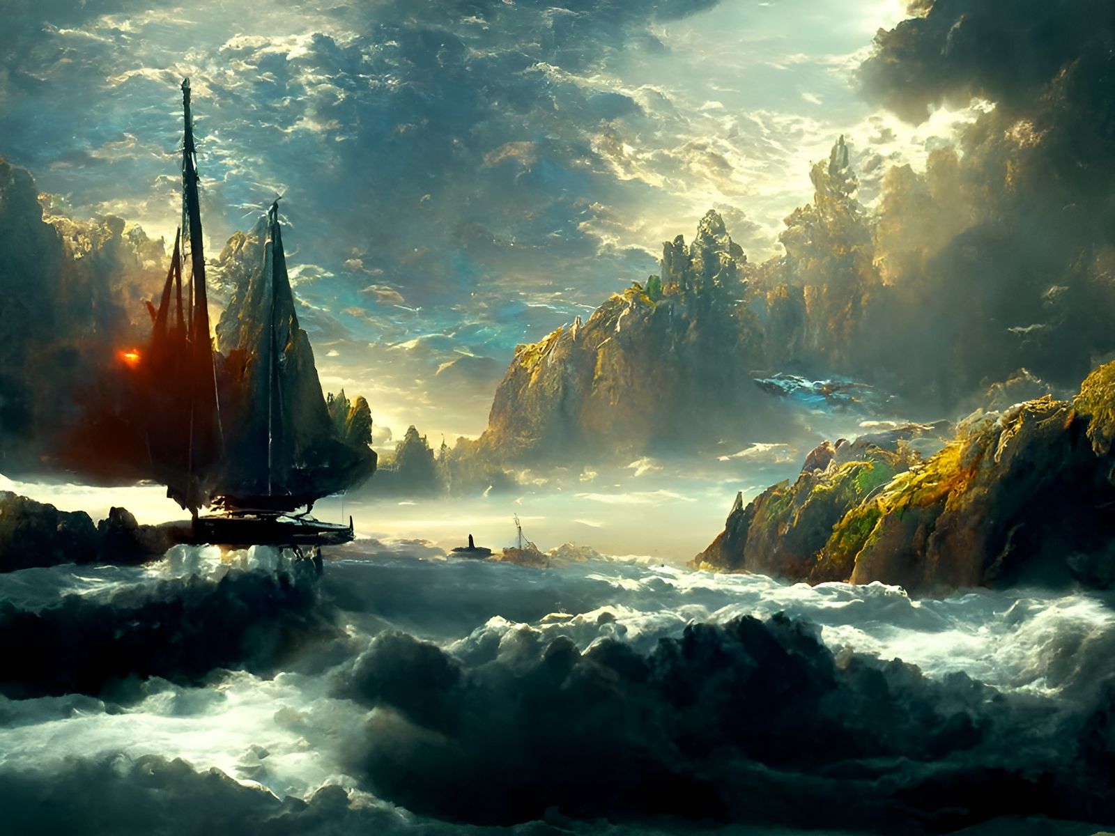 Ship Sailing Dark Seas, Hyperrealistic Landscape